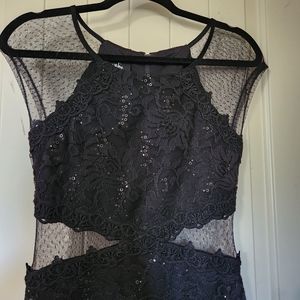 Black Sequin & Lace Mesh Bodycon Cocktail Dress with Cutouts